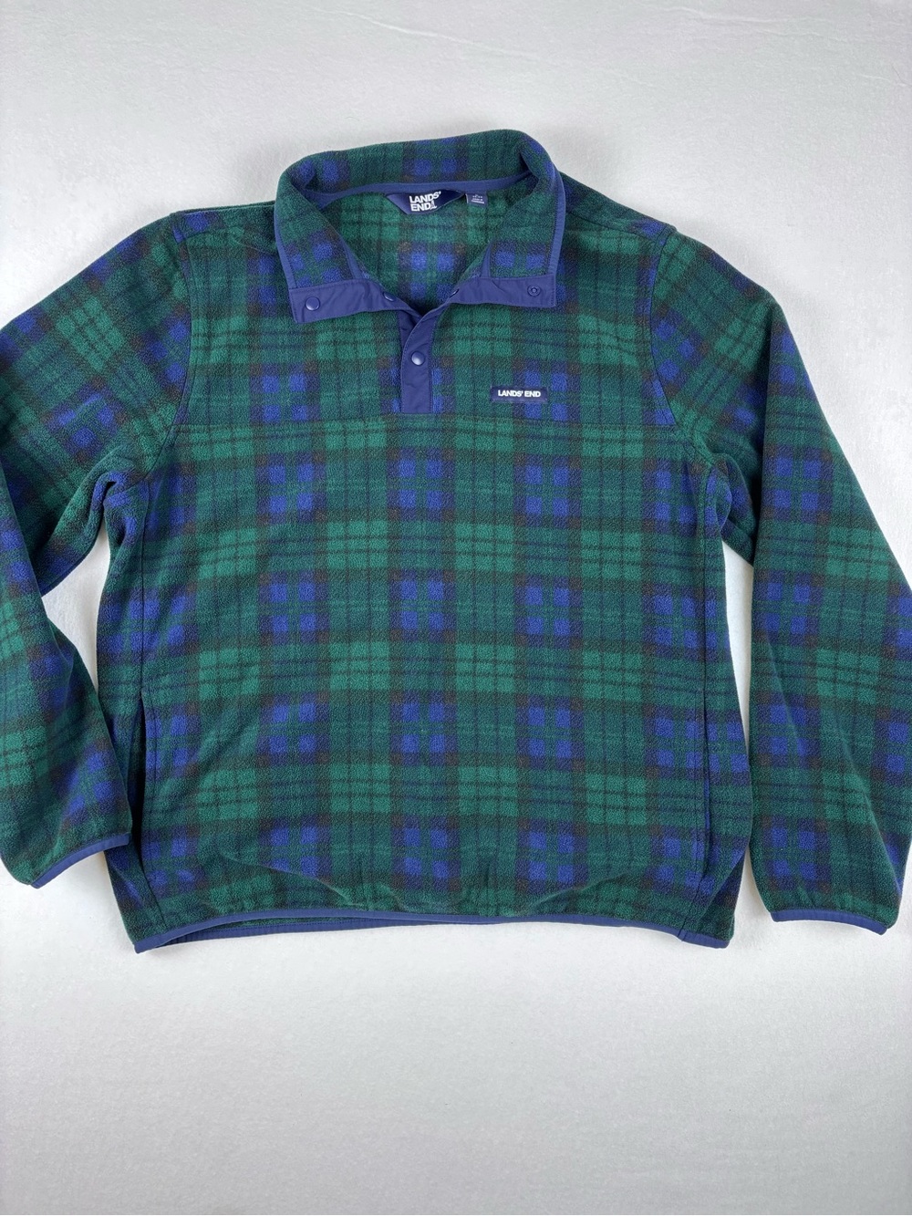 Landsβ End Vintage Menβs Large Green Blue Plaid Fleece Snap Pullover Jacket